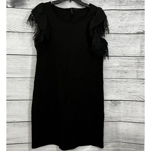 Benetton Black Dress With Lace Fringe Sleeves & Ruffle Detail, Size Medium - Picture 1 of 4